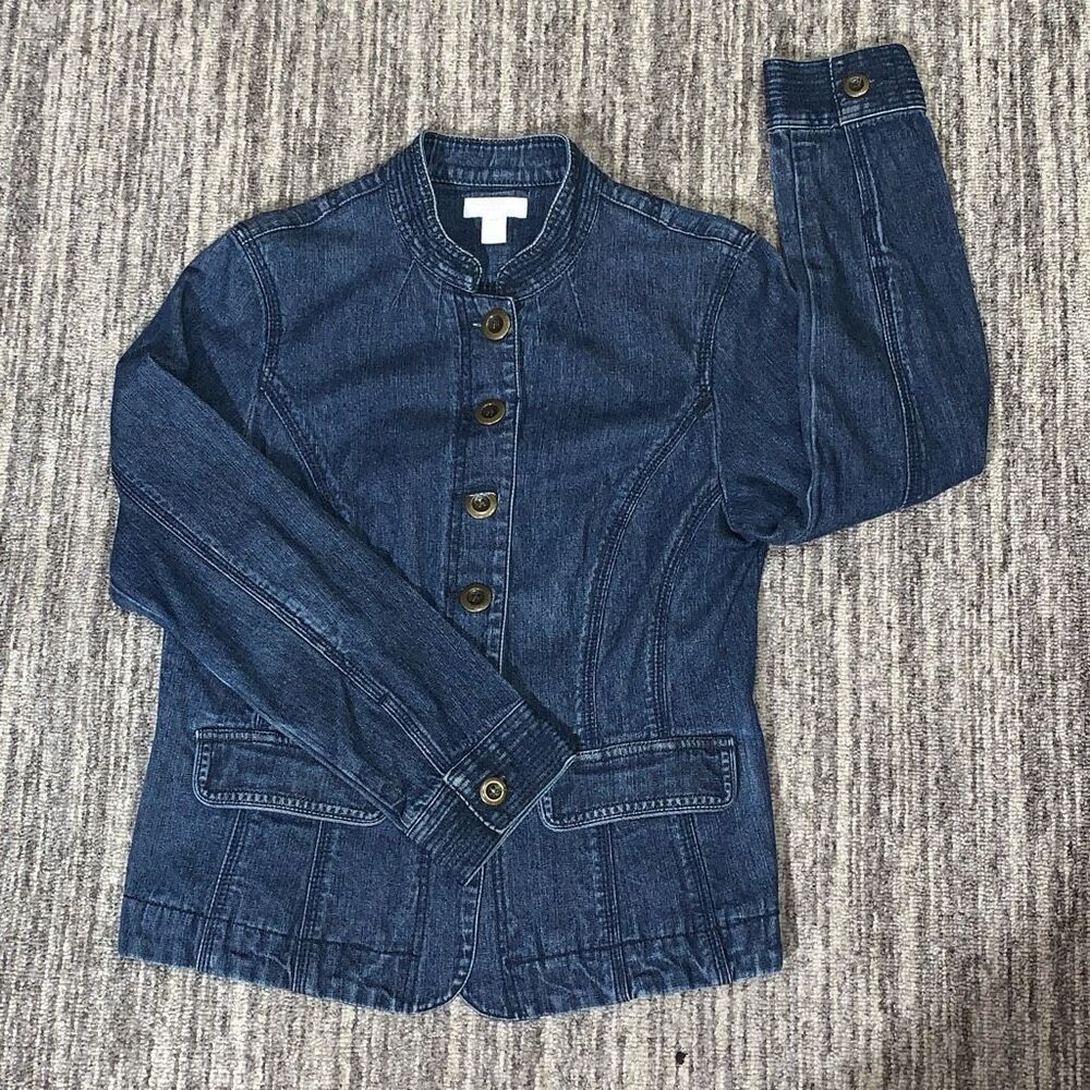 Charter Club Womens Size Petite Small Button Front Denim Jacket Blue Pockets